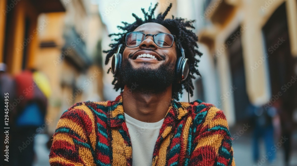 Concept of multitasking and enjoyment, portrait of cheerful afro american meloman sitting on publicity area and listening favourite positive music playlist via electronic earphones with high volume Concept of multitasking and enjoyment, portrait of cheerful afro american meloman sitting on publicity area and listening favourite positive music playlist via electronic earphones with high volume