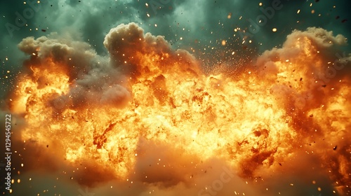 Fiery explosion, dark sky, debris, disaster scene; film VFX