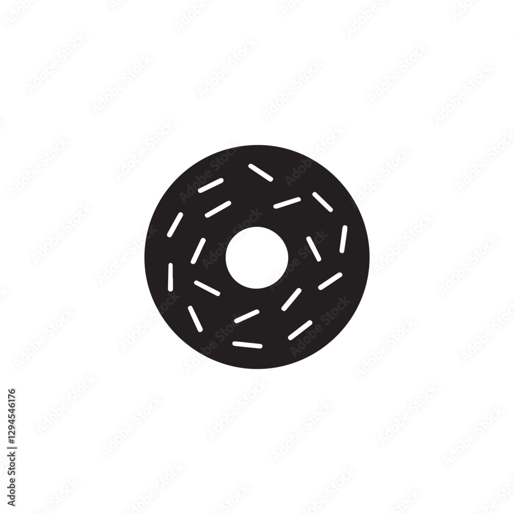 Simple black and white donut illustration.A clean, graphic illustration of a donut with sprinkles.