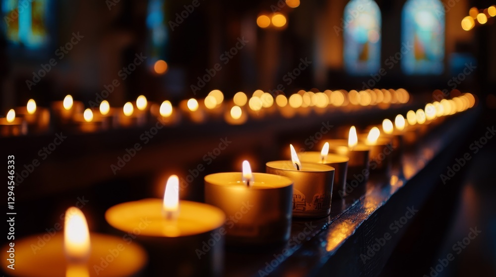 A procession of tealight candles flicker softly in a church, creating a warm, sacred space for contemplation and prayer. A procession of tealight candles flicker softly in a church, creating a warm, sacred space for contemplation and prayer.