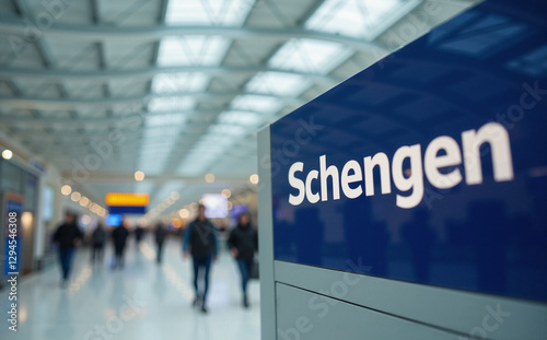 Modern airport terminal. signboard with the word Schengen written on it photo