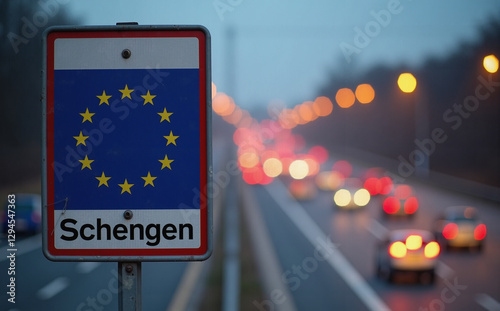 Close-up of a Schengen sign with traffic in the background