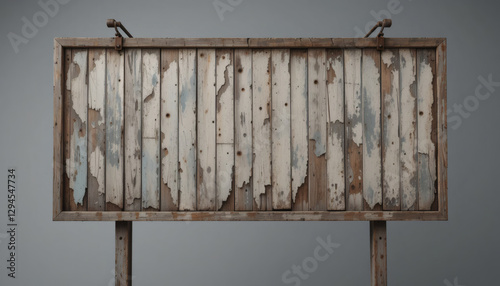 Weathered Wooden Billboard with Peeling Paint and Rusty Metal Brackets on Gray Background, Vintage Rustic Aesthetic
