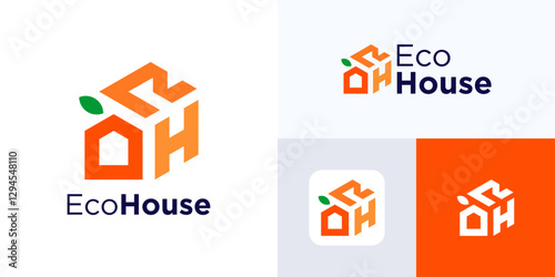 Orange house logo, Simple monogram home logo integrated with icon leaves, Home logo for green environment, Letter HR or RH logo integrated with icon house and leaf icon natural