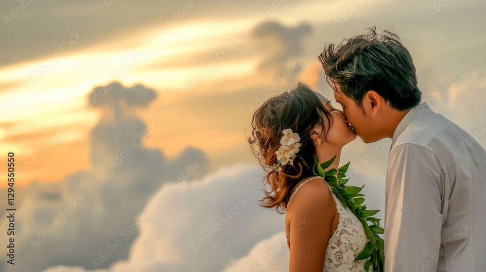 Romantic Couple Kissing at Sunset Cloudy Sky Love Wedding Romantic Couple Kissing at Sunset Cloudy Sky Love Wedding