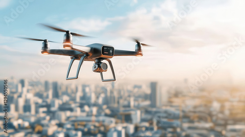 sleek drone hovers over cityscape, capturing aerial views with precision
