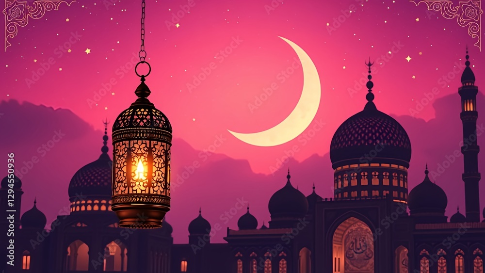 Stunning illustration of an ornate lantern glowing against a pink and purple sky, with a crescent moon and mosque silhouettes in the background.
