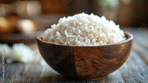 Cooked white rice in wooden bowl, kitchen setting photo