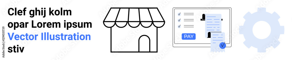 Storefront icon with striped awning next to interactive checklist and gear visual. Ideal for retail, commerce, workflow design, business tools, organization, task management. Abstract line flat Storefront icon with striped awning next to interactive checklist and gear visual. Ideal for retail, commerce, workflow design, business tools, organization, task management. Abstract line flat