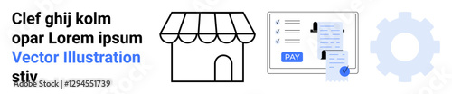 Storefront icon with striped awning next to interactive checklist and gear visual. Ideal for retail, commerce, workflow design, business tools, organization, task management. Abstract line flat