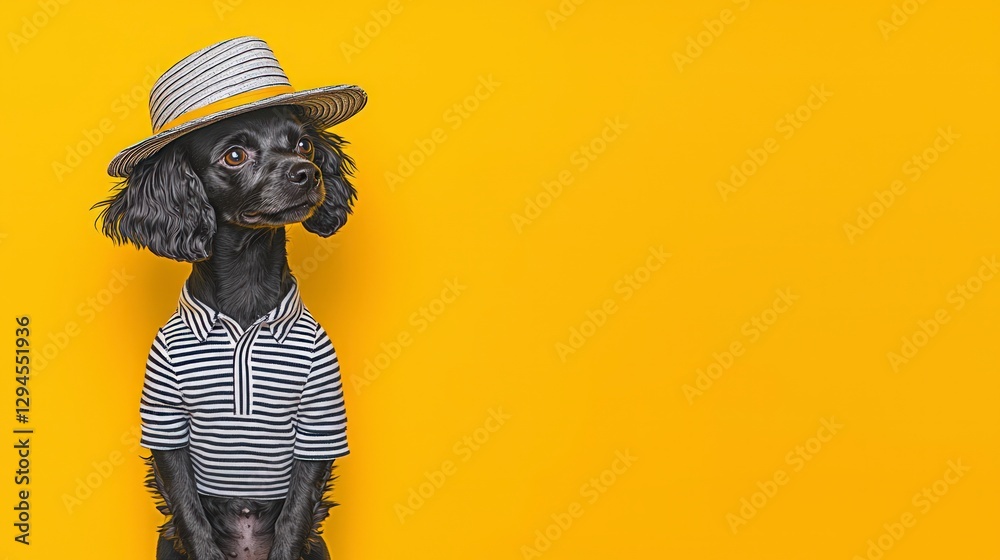Obraz premium Cute Black Dog in Summer Hat Shirt Yellow Background Pet Fashion Adorable Puppy