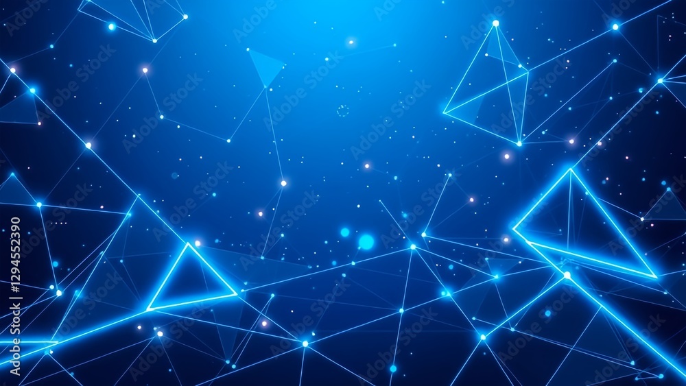 A glowing blue abstract digital network with interconnected lines and geometric shapes. Perfect for technology, cybersecurity, and AI-related designs.