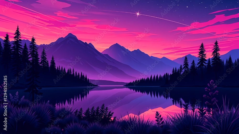 A breathtaking digital artwork of a mountain lake at twilight, featuring a vivid pink and purple sky reflecting on calm waters. Tall pine trees frame the scene, and a shooting star
