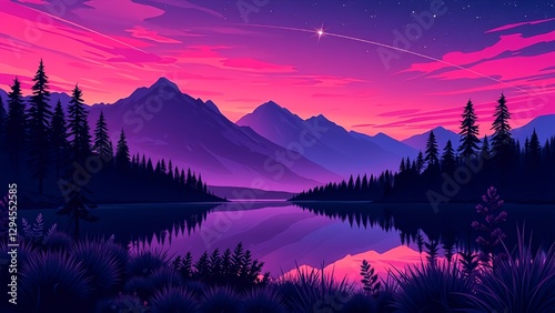 Obraz na płótnie A breathtaking digital artwork of a mountain lake at twilight, featuring a vivid pink and purple sky reflecting on calm waters. Tall pine trees frame the scene, and a shooting star w salonie
