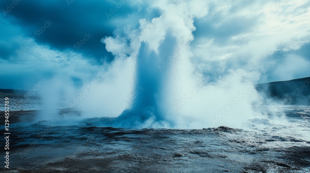 A spectacular geyser erupts, sending a tower of steam high into the dramatic, cloud-filled sky, showcasing nature's raw, untamed power. A spectacular geyser erupts, sending a tower of steam high into the dramatic, cloud-filled sky, showcasing nature's raw, untamed power.
