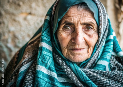 Captivating portrait of an elderly middle eastern woman with deep wrinkles in handwoven attire traditional setting close-up view cultural heritage