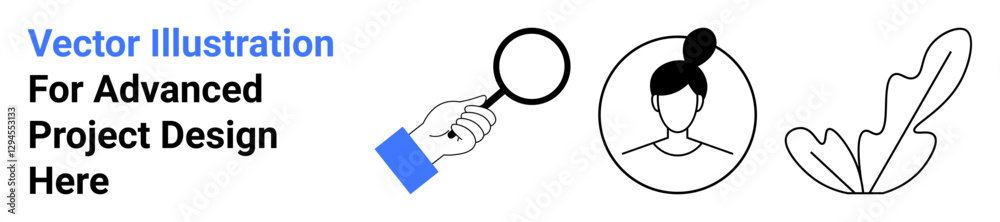 Hand holding magnifying glass, female portrait within circular frame, abstract leaf design. Ideal for design, identity, branding, creativity, research, projects flat landing page banner Hand holding magnifying glass, female portrait within circular frame, abstract leaf design. Ideal for design, identity, branding, creativity, research, projects flat landing page banner