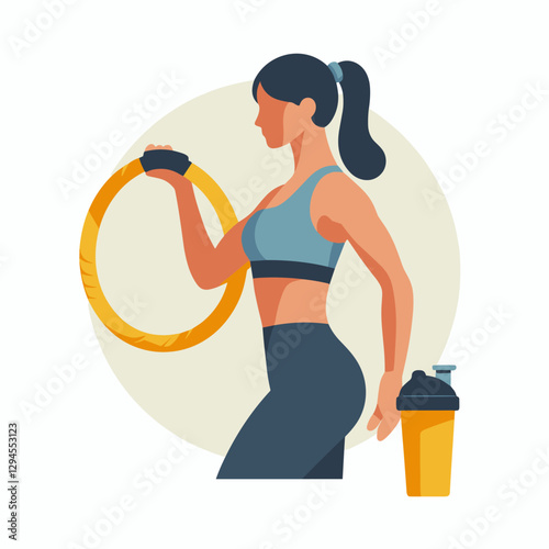 A minimalist flat design showing women exercising at home, combining yoga, bodyweight, and core exercises for a balanced and healthy lifestyle.