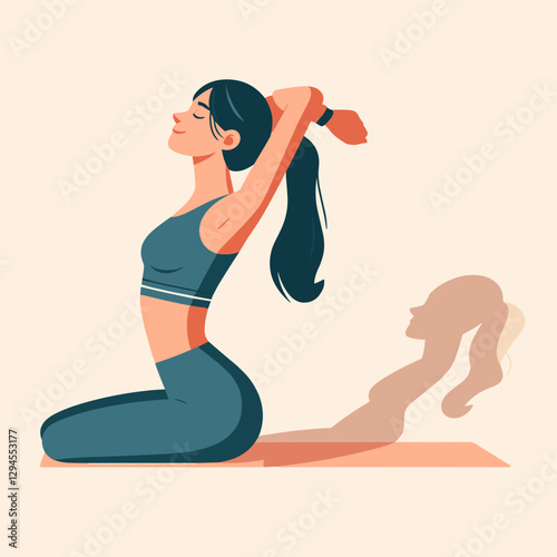 A minimalist flat design showing women exercising at home, combining yoga, bodyweight, and core exercises for a balanced and healthy lifestyle.