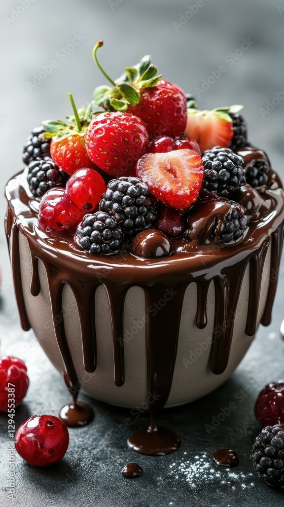 Decadent dessert featuring rich chocolate ganache and an assortment of fresh berries on a dark stone background Decadent dessert featuring rich chocolate ganache and an assortment of fresh berries on a dark stone background