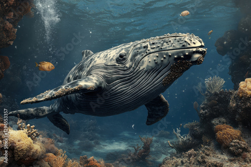 Obraz na płótnie Majestic humpback whale swimming among colorful coral reefs with small fish underwater in pristine ocean habitat w salonie