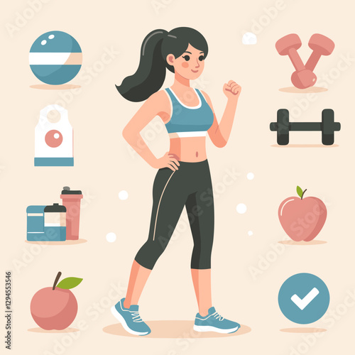 A minimalist flat design showing women exercising at home, combining yoga, bodyweight, and core exercises for a balanced and healthy lifestyle.