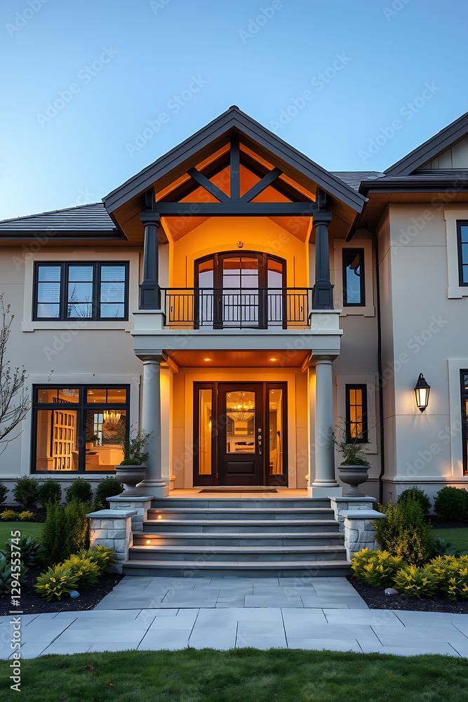 Obraz premium Luxury Dream Home: Captivating Modern Architecture at Dusk. This elegant mansion boasts a grand entrance, exquisite design, and breathtaking exterior, making it the ultimate symbol of refined living.