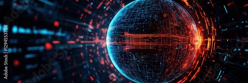Glowing data sphere with infinite fractal layers, AI intelligence core visualized in a futuristic, high-tech digital realm
