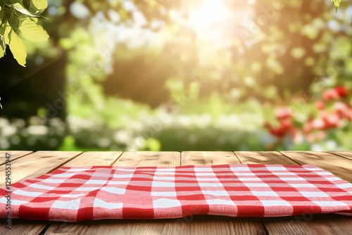 Empty wooden table with a red and white checkered kitchen towel over a blurred nature background