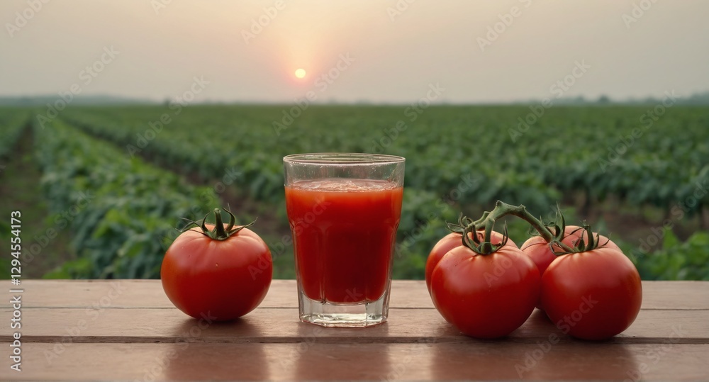 Fresh tomatoes and juice on table, field in background. Harvested vegetables