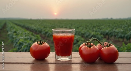 Obraz na płótnie Fresh tomatoes and juice on table, field in background. Harvested vegetables w salonie