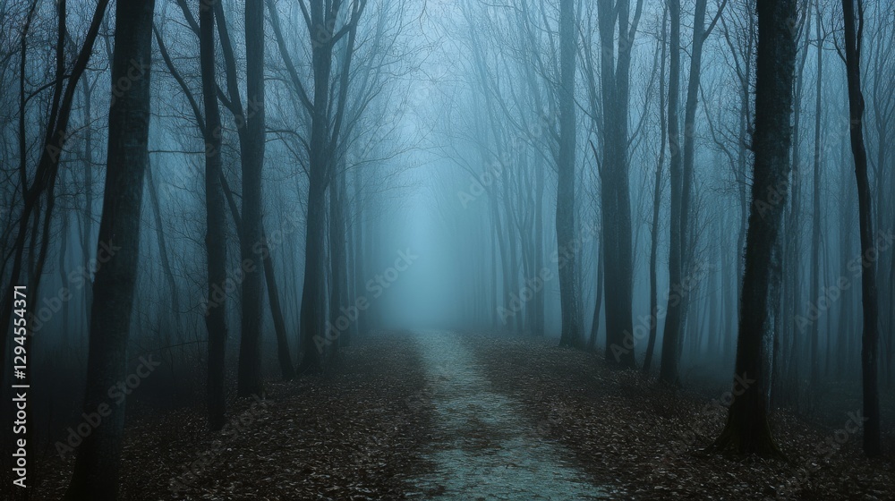 Fototapeta premium A foggy forest path flanked by bare trees creates an aura of mystery and calm, leading into the unknown.