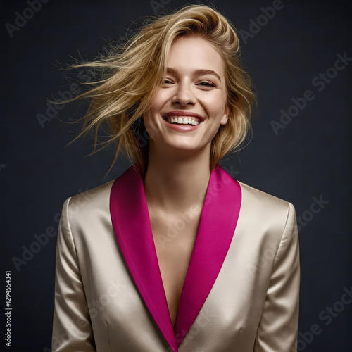 Radiant Joy: A captivating portrait of a beautiful young woman with a radiant smile and windswept blonde hair, exuding confidence and inner peace. Her sartorial elegance.