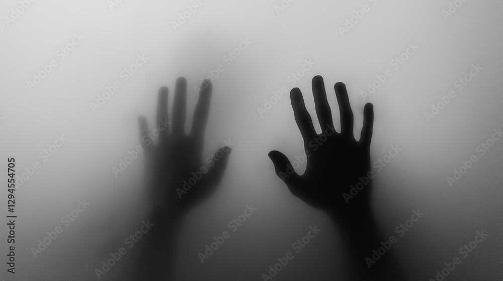 Mysterious Shadow Hands Pressed Against Frosted Glass - AI Generated Mysterious Shadow Hands Pressed Against Frosted Glass - AI Generated