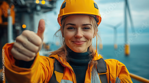 A woman in a bright orange work suit and yellow hard hat smiles and gives a thumbs up on an offshore energy platform, promoting teamwork and progress in renewable energy.