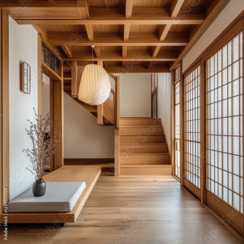 A stunning wooden interior features stairs and natural light photo