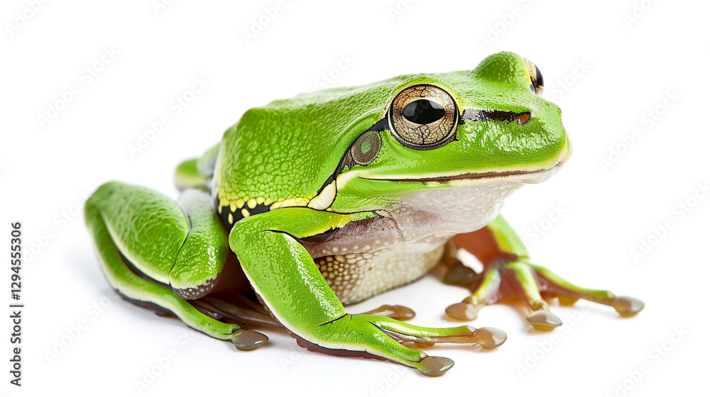 Obraz premium A highly detailed European green frog sitting on a white backgroound.