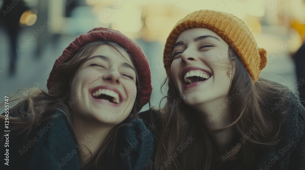 Obraz premium Two friends in warm beanies sharing a joyful laugh, capturing a candid moment of genuine happiness in a blurred outdoor setting.