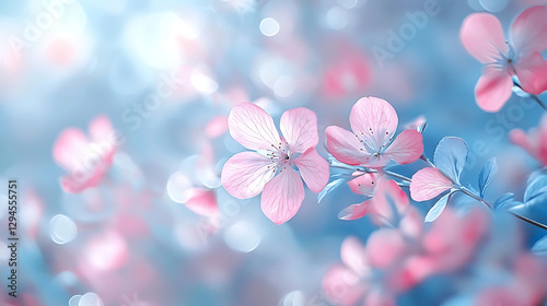 Delicate pink flowers on a soft blue background with dreamy bokeh effect, copy space