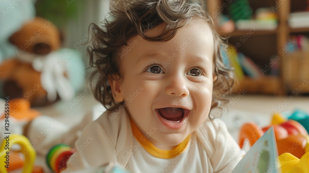 A joyful Caucasian baby boy with curly hair, smiling widely while playing on a colorful mat filled with toys in a bright, cheerful environment. A joyful Caucasian baby boy with curly hair, smiling widely while playing on a colorful mat filled with toys in a bright, cheerful environment.