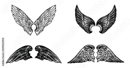 Hand drawings of four pairs different mythological angel wings, vector sketches isolated on white