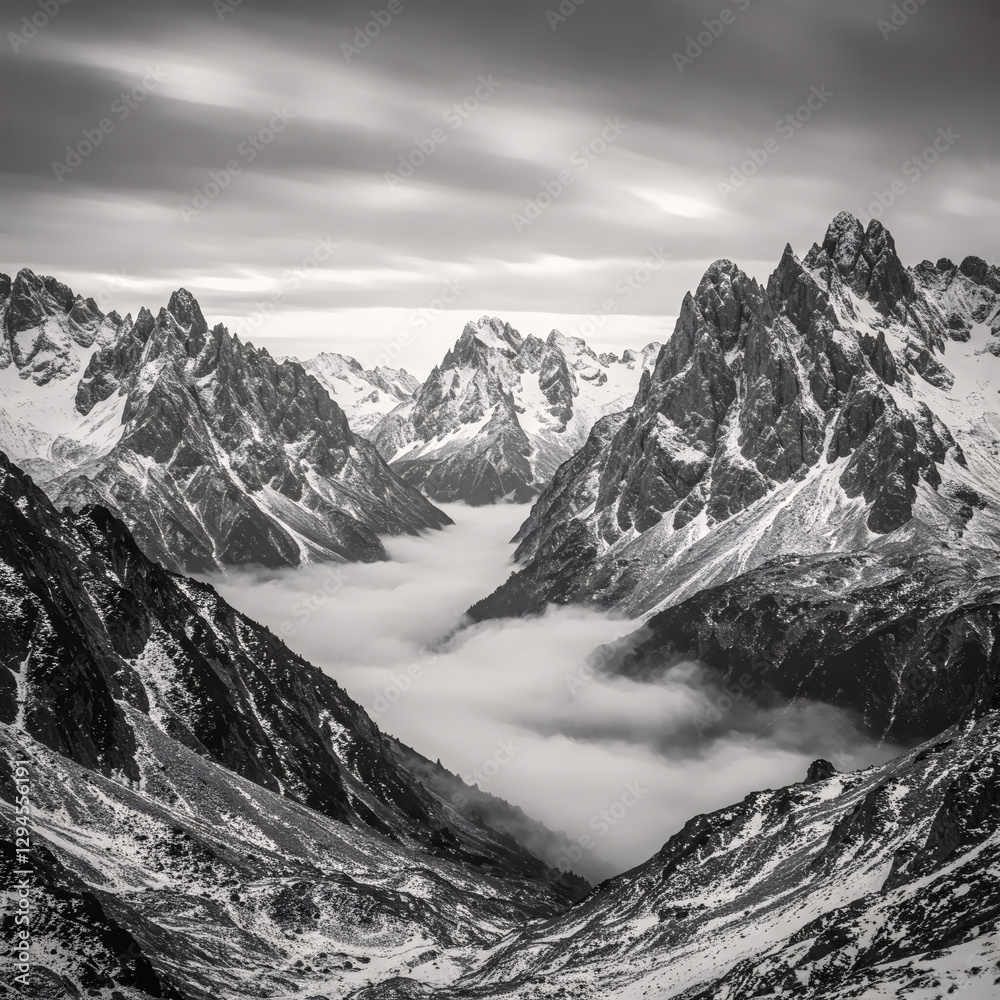 Obraz premium Majestic Mountain Vista: An awe-inspiring black and white panoramic landscape of rugged mountain peaks piercing through a sea of clouds. Capturing the raw power of nature.