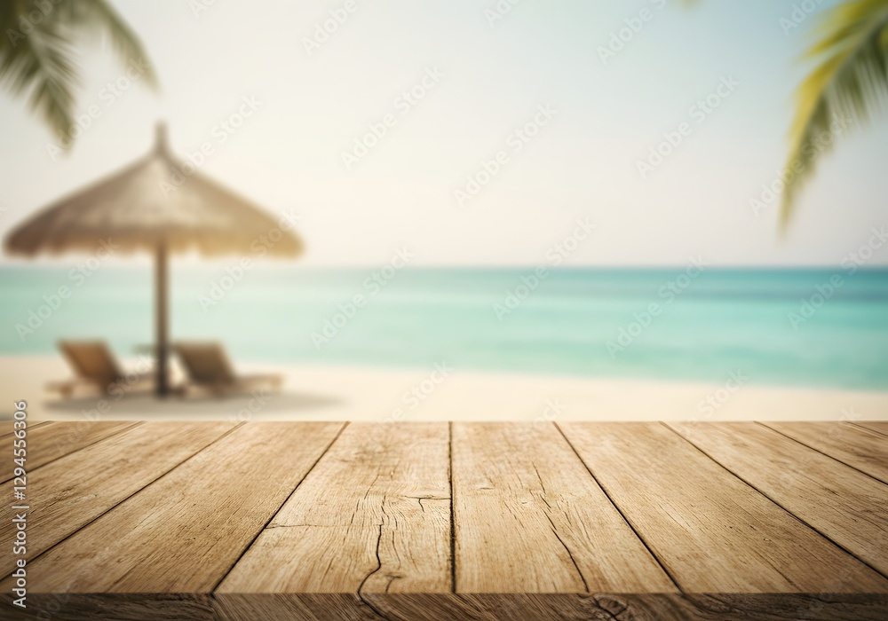 Fototapeta premium Vintage-Style Weathered Wooden Table with Tropical Beach Background – Perfect for Food, Drink, and Lifestyle Advertising