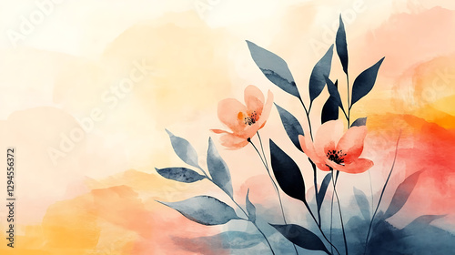Watercolor flowers and leaves on a soft abstract background with warm tones, copy space