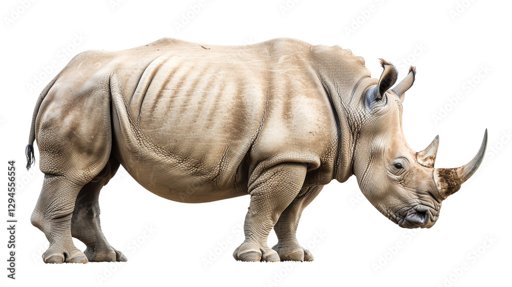 A highly detailed side profile of a rhinoceros standing against a white background A highly detailed side profile of a rhinoceros standing against a white background