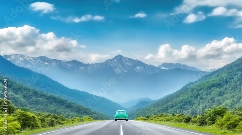 Naklejka na biurko Traveling on a scenic road through a mountain range, with a vintage car and open road symbolizing the freedom and adventure of road trips  