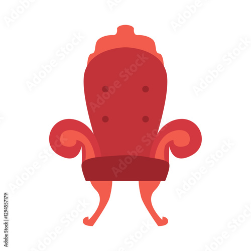 Flat vector illustration of a luxurious red antique armchair with elegant curved armrests and button details, resembling a royal throne or vintage furniture