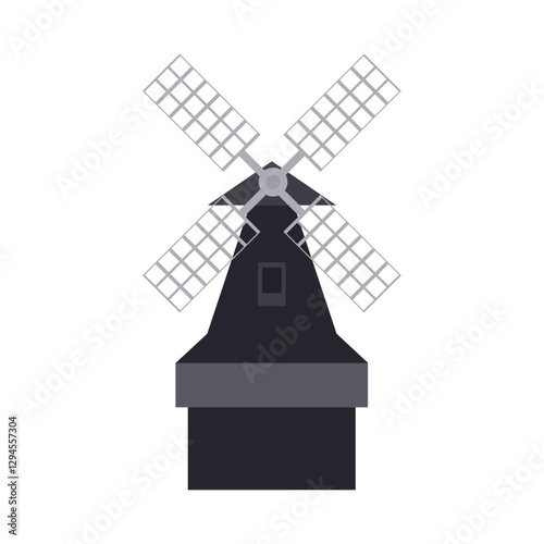 Flat design black windmill vector illustration with white blades – traditional rural energy structure icon