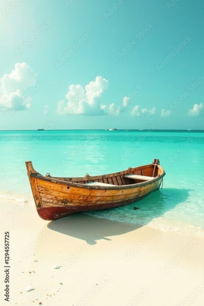 Serene Coastal Scene Wooden Rowboat on Pristine Sandy Beach with Turquoise Waters and Fluffy Clouds Serene Coastal Scene Wooden Rowboat on Pristine Sandy Beach with Turquoise Waters and Fluffy Clouds