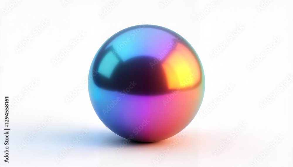 Obraz premium High-resolution metallic sphere with a holographic gradient shifting from deep blue to radiant orange, centered against a white background, vibrant design concept.
